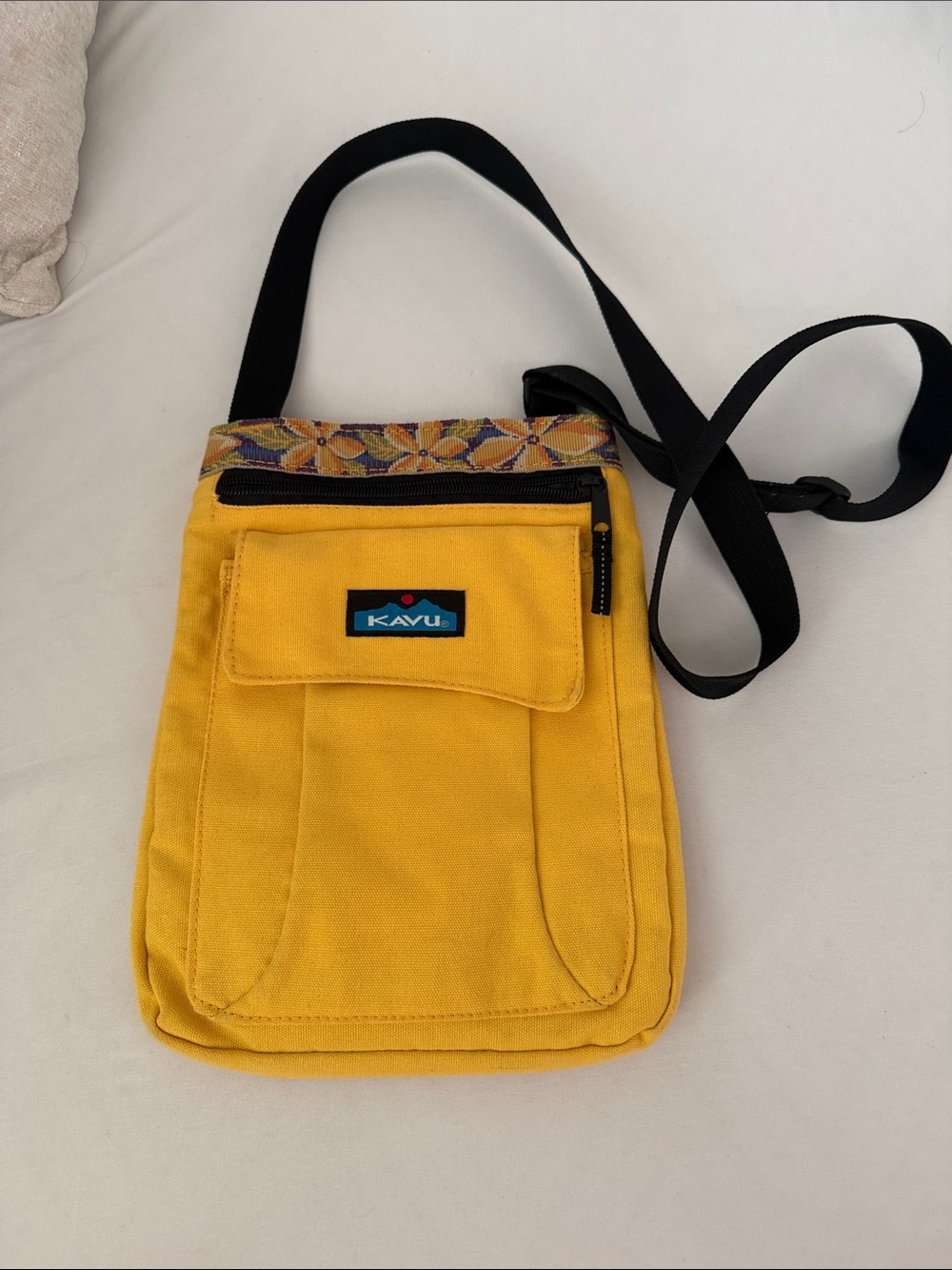 Kavu Yellow Canvas Crossbody with Floral Trim